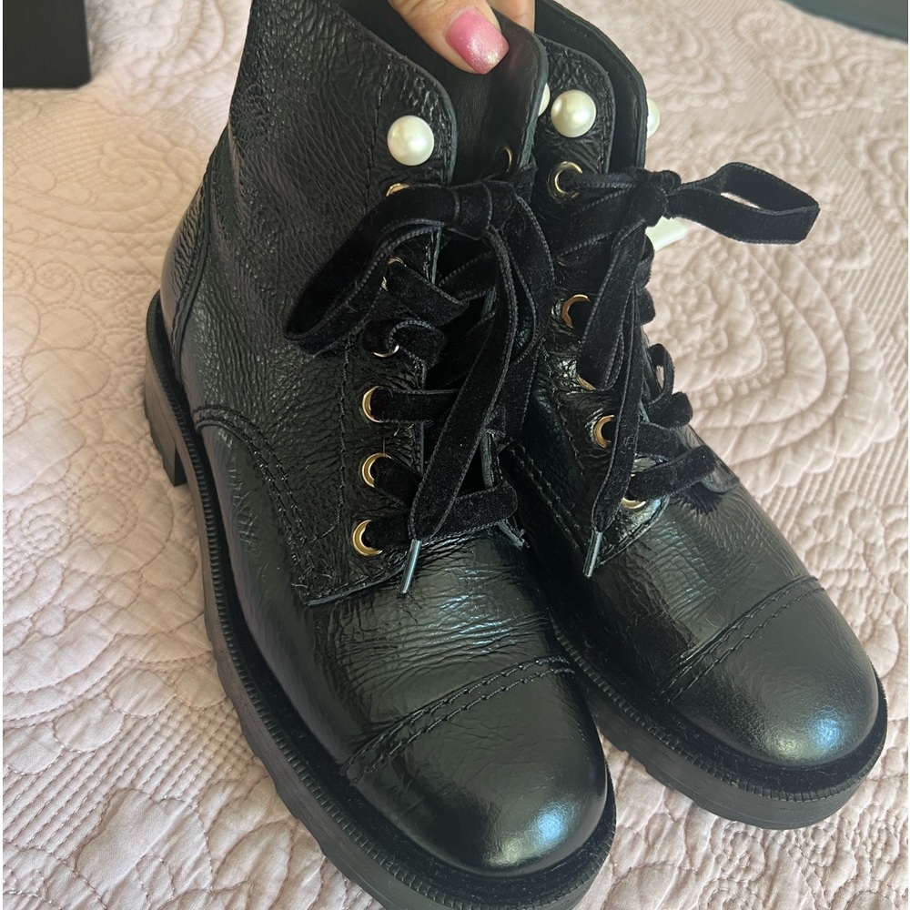 Chanel Velvet Pearl Combat pretty  Crackled Calfskin Short Leather Boots black